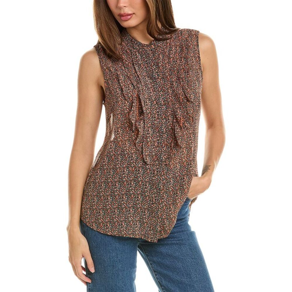 CAbi Brown and White Ruffled Asymmetrical Blouse